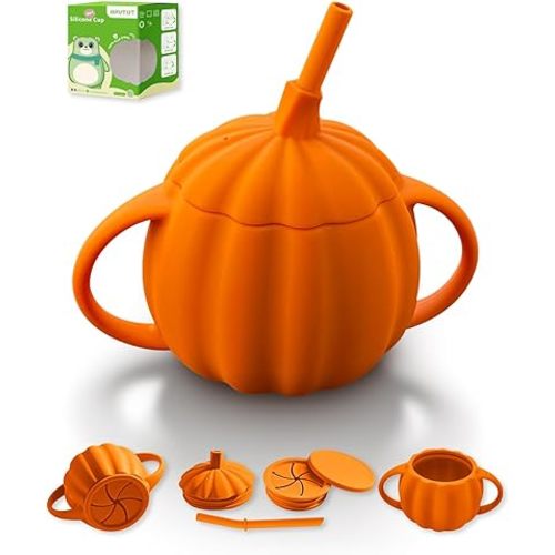 Silicone Baby Straw Cup/Toddler Snack Cup Spill Proof, BPA Free, Replaceable Tops, Cute Designs Training Cup with Straw & Snack Containers Lid for 6+ Months