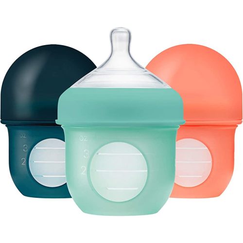 Boon Nursh Reusable Silicone Pouch Baby Bottles - Slow Flow Nipple - Silicone Baby Bottle Pouch and Nipple - Baby Feeding Essentials - Mint - 0-3 Months - 3 Count - 4 Ounce