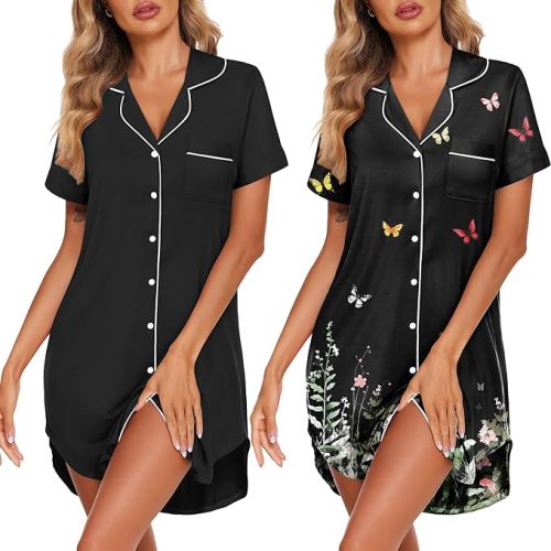 Ekouaer 2 Pack Nightgowns for Women Button Down Sleepshirts Short Sleeve Sleepwear V Neck Nightshirt Pajama Dress