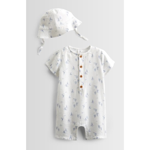 Print Cotton Henley Romper & Hat S