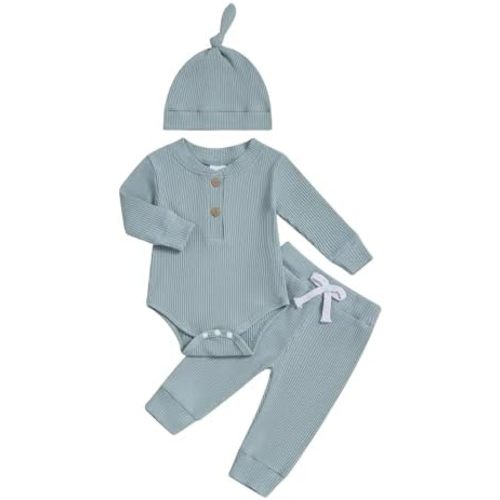 Newborn Baby Boy Clothes Long Sleeve Ribbed Bodysuit Pants Hat 3-Piece Outfit Set