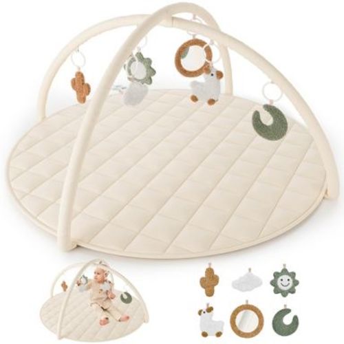 Baby Play Gym & Tummy Time Mat - Soft Cotton Mat with 6 Toys for Boys/Girls - Stylish Activity Playmat for Infant Development & Playroom Decor