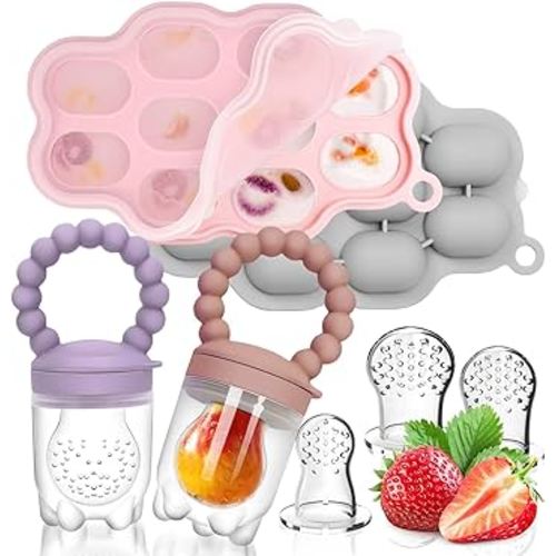 Silicone Baby Fruit Food Feeder, 2 Pack Freezer Tray with lid for Batch Prep,Introduce New Foods, Breastmilk Popsicle Molds, Silicone Teething Toys, Includes 6 Extra Food Pacifier