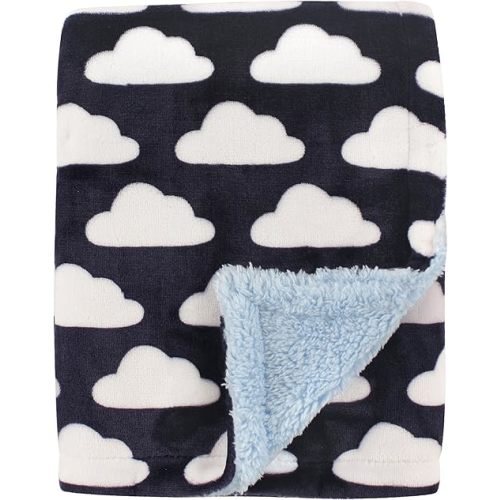 Hudson Baby Unisex Baby Plush Mink and Sherpa Blanket, Navy Clouds, One Size