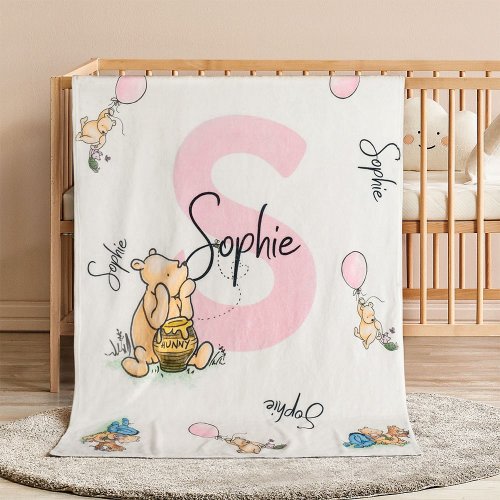 Personalized Soft Classic Winnie the Pooh Fleece Throw Blanket with Name and Initial Baby Shower Receiving Gift for Newborns - CALLIE
