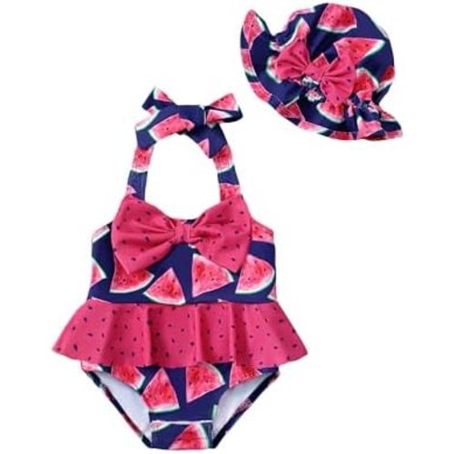 Kucnuzki Baby Girl Swimsuit Newborn One Piece Bathing Suit Bow Tie Bikini Tankini Infant Swimwear with Hat