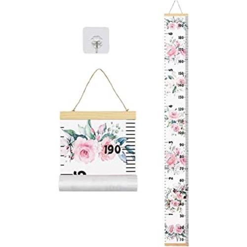 Baby Growth Chart, Height Wall Chart for Kids, Wooden Frame Canvas Measurement Hanging Ruler for Child’s Room Decoration 79 x 7.9in(Flower)