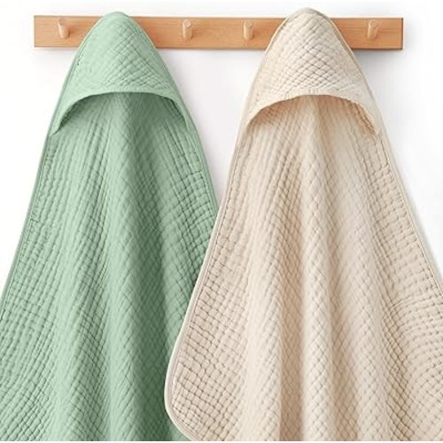 Looxii Baby Bath Towels 2 Pack Muslin Hooded Baby Towels for Newborn and Infants, 100% Cotton, Large 32x32Inch, Soft and Absorbent Beige+Green