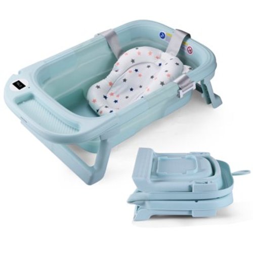 Foldable Baby Bathtub for Infants to Toddler, Portable Travel Bathtub with Thermometer & Bath Cushion & Bath Cap, Baby Bathtub for Newborn 0-36 Month