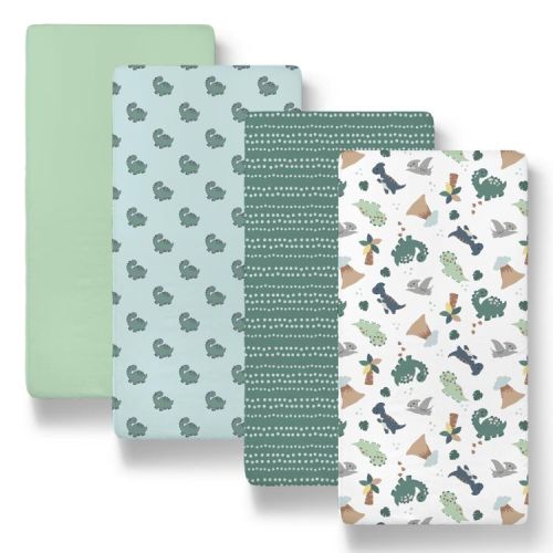 The Peanutshell Green Dino Bassinet Sheets for Newborn Baby Boy & Baby Girl, 4 Pack Set