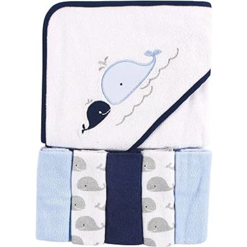 Luvable Friends Unisex Baby Hooded Towel with Five Washcloths, Whale, One Size