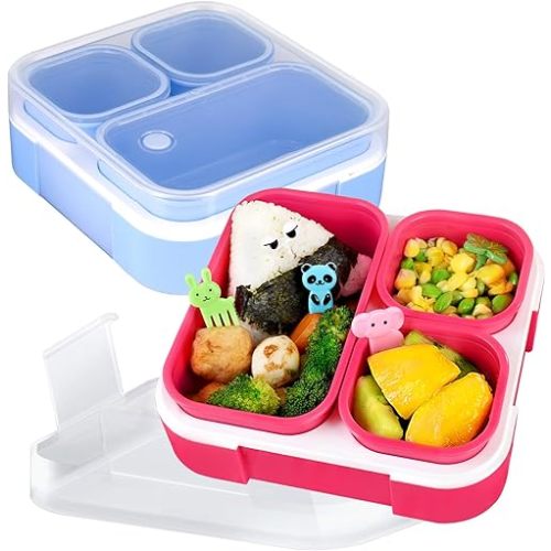 Genteen Small Kids Snack Containers for School 3 Compartment Travel Snack Containers with Dividers Portion Control Lunch box for Kids with Leak-proof Lids BPA Free (Dark Pink + Blue)