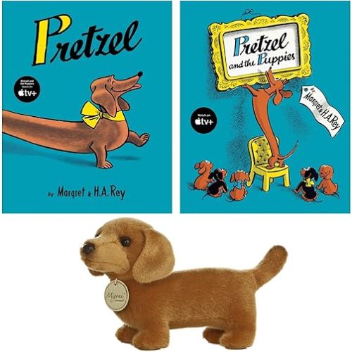 Pretzel and The Puppies Gift Set Includes Dachshund Stuffed Animal Dog Plush, 2 Classic Stories by Margret and H A Rey and We 3 Books Gift Book Bag (Heroism, Humor, Family and Friendship)