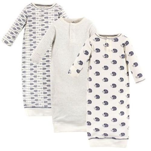Touched by Nature Baby Boy Organic Cotton Henley Long-Sleeve Gowns 3pk, Hedgehog, 0-6 Months