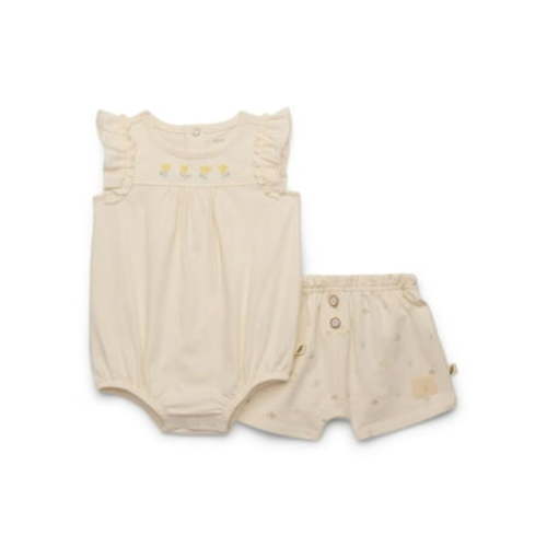 easy-peasy Baby Girls Organic Cotton Ruffle Bodysuit with Embroidered Yoke & Shorts Set, 2-Piece, Sizes 0-24M