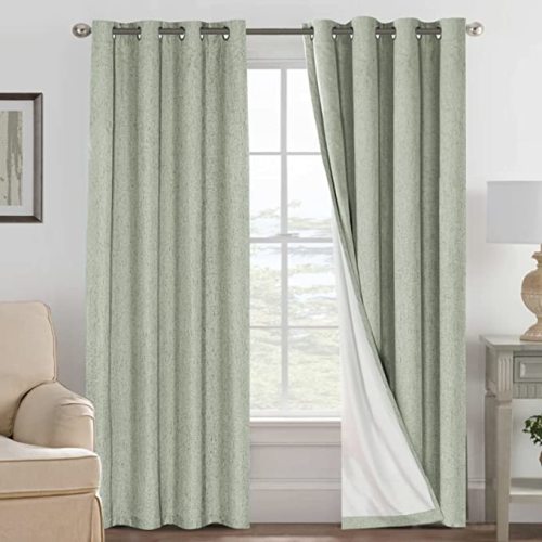 H.VERSAILTEX Bedroom Curtains Blackout, Sage Green Linen Blackout Curtains 84 Inches Long, 100% Blackout Thermal Textured Linen Look Curtain Draperies Grommet with White Liner, 2 Panels - 52"W x 84"L