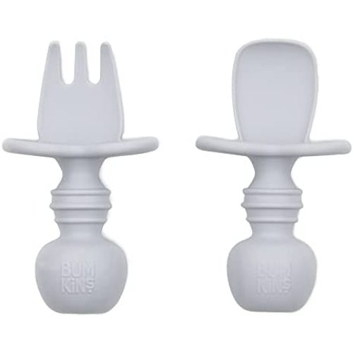 Bumkins Utensils, Silicone Chewtensils, Baby Fork and Spoon Set, Training Utensils, Baby Led Weaning Stage 1 for Ages 6 Months+ in Gray 2 Count (Pack of 1)
