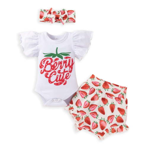 Penkiiy Toddler Baby Girls Ruffle Strawberry Print Clothes Cute Bow Three-piece Suit Fashion Girls Skirt 9-12 Months Red 2023 Summer Deal