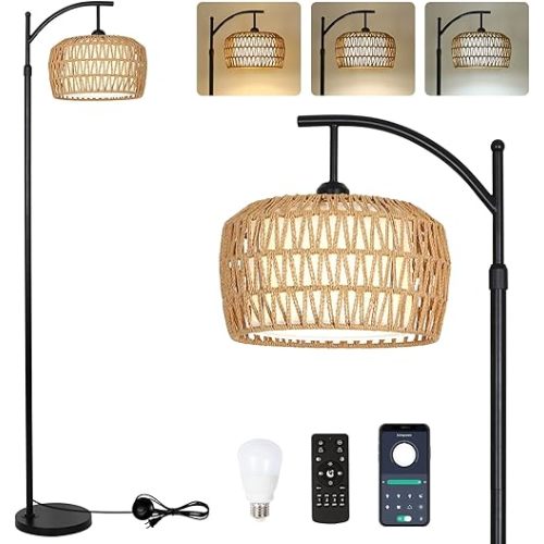 Arc Floor Lamp with Remote, Dimmable Rattan Floor Lamp with LED Bulb, Boho Farmhouse Tall Pole Lamp with Rattan & Fabric Shades, Modern Black Standing Lamps for Living Room Bedroom Nursery