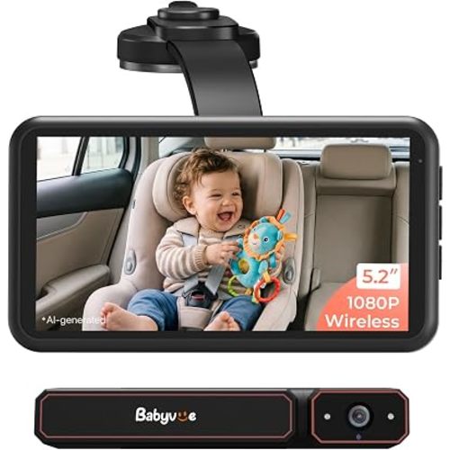 Wireless Baby Car Camera, Babyvue BV6 1080P HD Baby Car Monitor with Suction Cup Mount, 5.2" IPS Screen, Auto IR Night Vision, 3X Zoom, Easy Setup Car Seat Camera for Rear-Facing Baby Kids