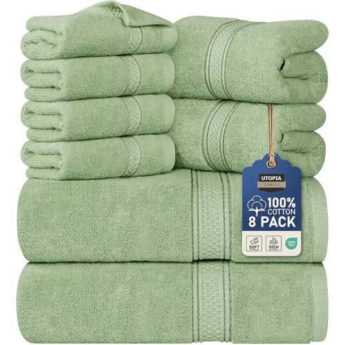 Utopia Towels 8 Piece Luxury Towel Set – Majestic Plush, Super Absorbent & Quicker-to-Dry, Thick 100% Ring Spun Cotton Towels for Bathroom, Spa & Hotel – 2 Bath, 2 Hand, 4 Washcloths, Sage Green