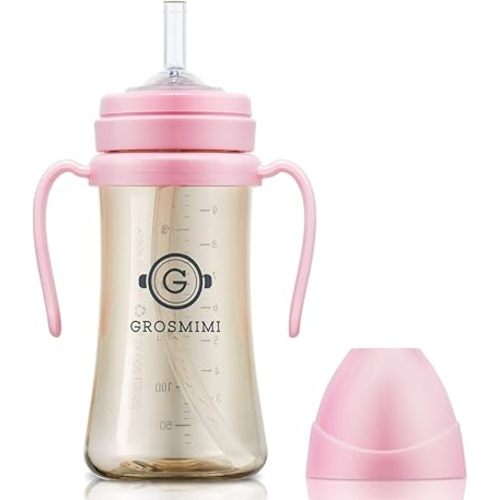 GROSMIMI Spill Proof no Spill Magic Sippy Cup with Straw with Handle for Baby and Toddlers, Customizable, PPSU, BPA Free 10 oz (Pink)