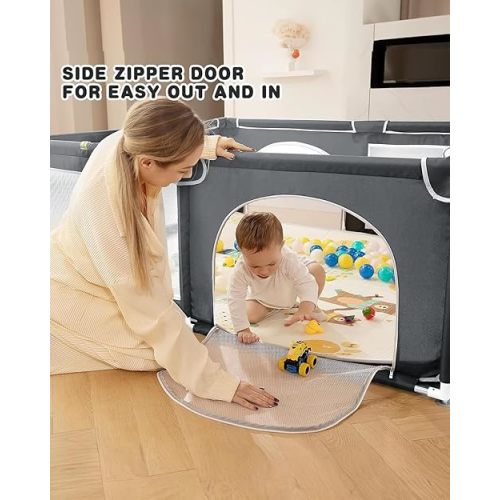 dearlomum Baby Playpen with Mat 71" X 59", Extra Large Play Yard for Babies and Toddlers, Safety Baby Fence, Indoor & Outdoor Kids Activity Play Center with Anti-Slip Suckers and Zipper Gate(Grey)