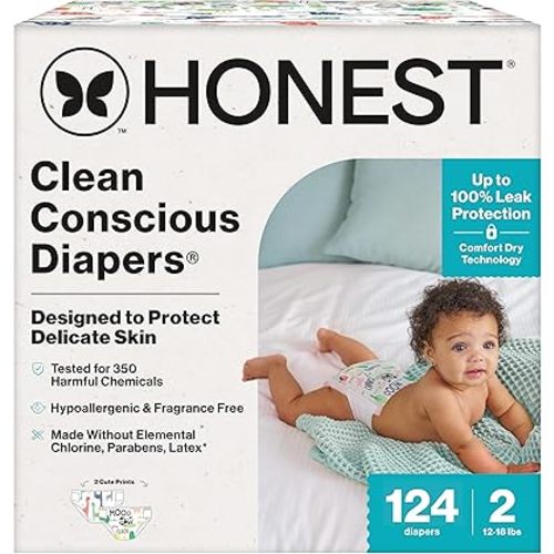 The Honest Company Clean Conscious Diapers for Sensitive Skin | Hypoallergenic, Fragrance Free | Gender Neutral Prints | Super Club Box, Size 2 (12-18 lbs), 124 Count