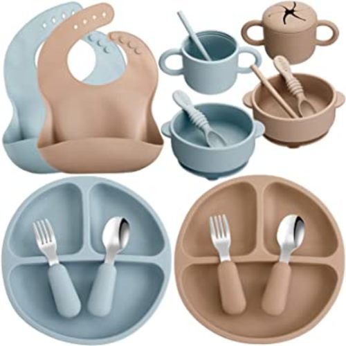 16 Pcs Baby Led Weaning Supplies Silicone Baby Feeding Set Baby Plates with Suction Baby Utensils with Divided Adjustable Bib Bowl Cutlery Snack Cup Spoons Straw 6 Months+ (Cadet Blue, Walnut)