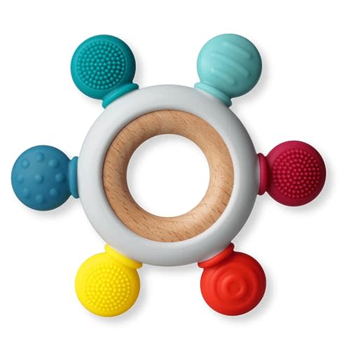Baby Teething Toys, Silicone Chewable Rings with Organic Wooden, Natural Wooden Ring & Silicone Teething Toys for Newborn, 3+ Months (6 Directions, Ocean)