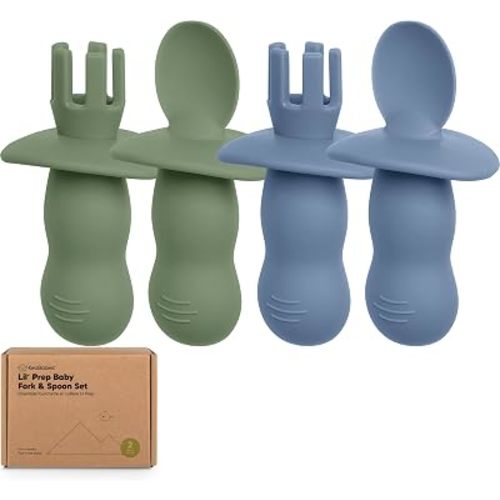 KeaBabies 4-Pack Silicone Baby Spoons and Forks Set, BLW, BPA-Free (Slate)