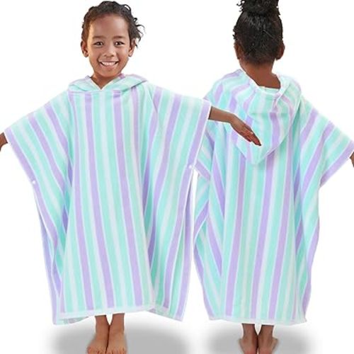 VOOVA & MOVAS Poncho Towels for Kids (4-8Years), Quick Dry Lightweight Absorbent Cotton Hooded Towel Robe for Pool | Swim | Beach | Bath, Aqua Purple Stripe