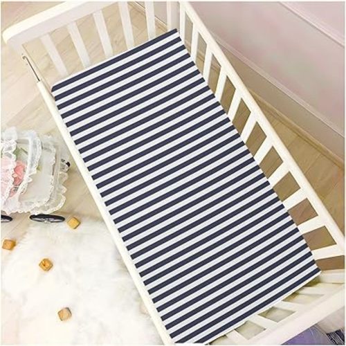 MCHIVER Navy Blue Stripes Fitted Crib Sheets for Girl Boy Breathable Pack N Play Sheets Soft Infants Bedsheet 52 * 28 * 9 in