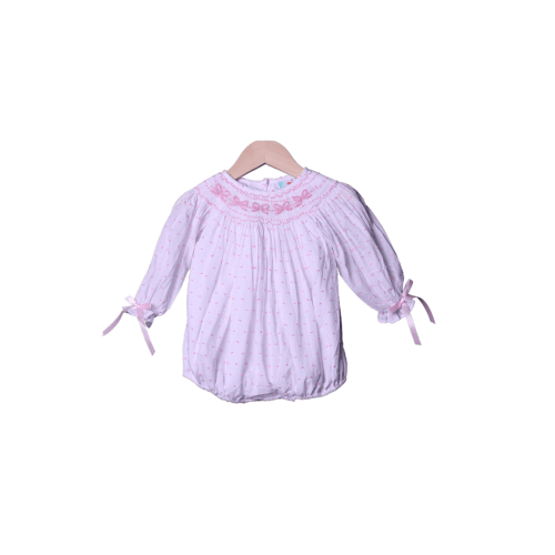 Smocked Classic Bow Pink Swiss Dot Bubble LONG Sleeve