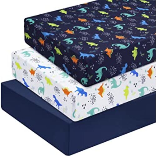 PHF 3 Pack Soft Dinosaur Crib Sheets Fitted, Silky Comfy Breathable Polyester Baby Sheets for Boys Girls, 28x52 Inches Fits Standard Crib and Toddler Mattresses, Navy Dinosaur
