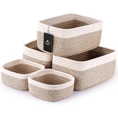 5-Pack Small Woven Rope Storage Baskets – 2 Sizes Organizer Bins for Closet, Shelf, Bookshelf, Nursery, Changing Table, Fabric Cube Boxes, Rectangular Shallow Bins for Bathroom, Toy & Home