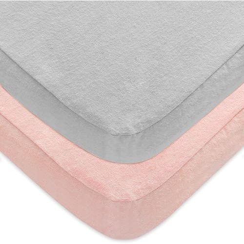 Pack 'n Play 2-Pack, 100% Cotton Flannel, Portable Mini Crib Sheets, Fitted Playard Mattress Cover for Girls & Boys, Ultra Soft Warm Breathable Convertible Playpen Sheet, Grey & Pink