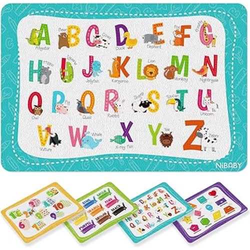 Kids' Non Slip Educational Placemats Set of 4 Washable, Children's Interactive Placemats Foldable, Toddler Placemats for Learning Alphabet, Numbers, Shapes, Colors- Durable Reusable PU Leather