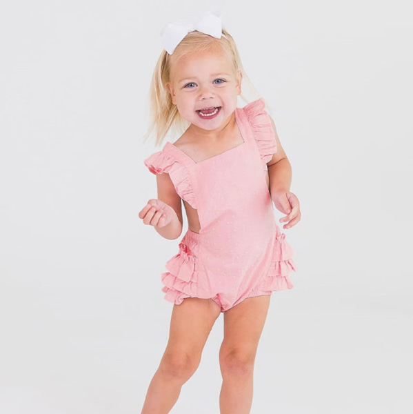 RuffleButts Pink Embroidered Vintage Dot Flutter Overall Romper - 6-12m