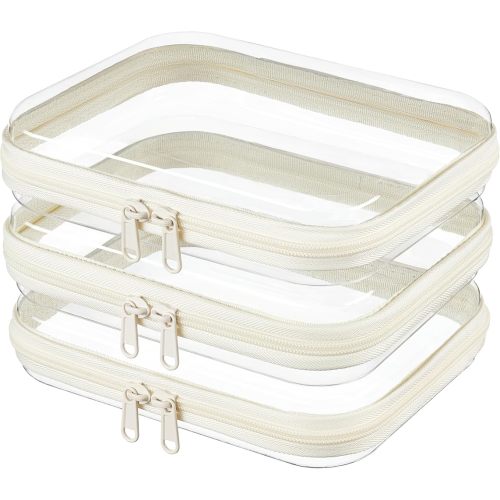 3-PCS Medium Clear Hard Shell Zipper Pouches, Clear Zipper Bags (3M, Ivory)