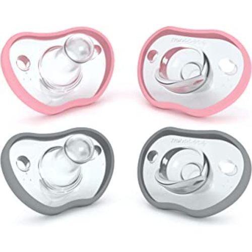 Nanobebe Baby Pacifiers 0-3 Month - Orthodontic, Curves Comfortably with Face Contour, Award Winning for Breastfeeding Babies, 100% Silicone - BPA Free. Baby Registry Gift 4pk,Pink/Grey