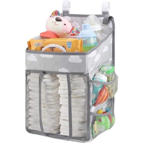 Accmor Hanging Baby Diaper Caddy Organizer, Diaper Stacker, Baby Crib Hanging Classified Storage Bag Organizer for Changing Table, Crib, Playard or Wall & Nursery Organization, Grey Cloud