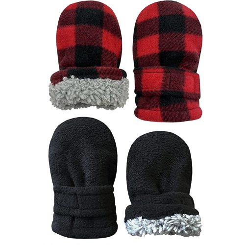 N'Ice Caps Little Kids Baby Easy-On Sherpa Lined Fleece Mittens - 2 Pair Pack - 6-18 Months - Black/Red Buffalo Plaid - Infant