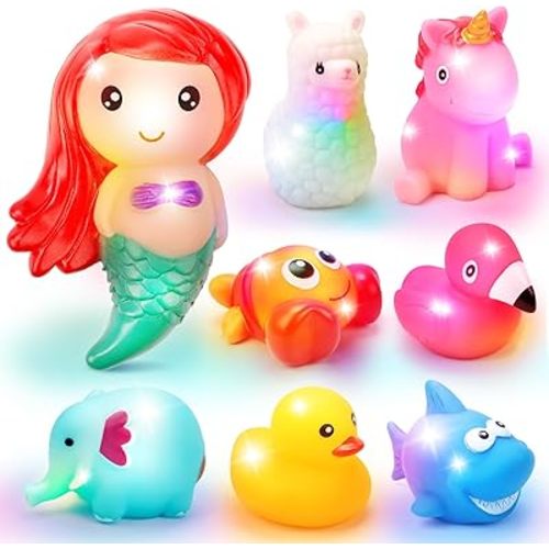 REMOKING 8Pcs Light Up Bath Toys for Toddlers,Baby Flashing Colourful LED Bathtub Unicorn Mermaid Toy,Bathtime Floating Shower Set for Infant Kid Boys Girls,Pool Party Birthday Gifts for 6 Months+