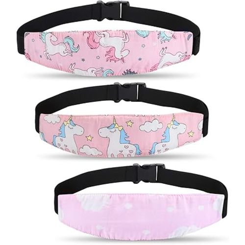 Baby Carseat Head Support,Car seat Straps Pillow Support Ban,Stroller Neck Relief Strap Headrest,Slumber Sling Sleep Positioner for Toddler Infants Child Children Kids(Pink Unicorn + Clouds)