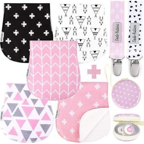 Dodo Babies 5-Pack Baby Burp Cloths - Soft Absorbent Cotton Burp Cloths - Includes Pacifier Case & 2 Pacifier Clips, Pink/Grey/Black