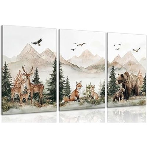 MDHFJEAW 3 Panels Woodland Animal Nursery Canvas Wall Art, Framed Forest Animals Deer Bear Fox Rabbit Mountain Painting, Nature Themed Triptych Poster Prints for Boys Girls Kids Bedroom Playroom Decor, 16x24 Inch