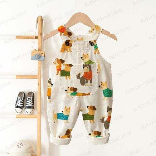 Baby Toddler Beige Dogs Pocket Overalls
