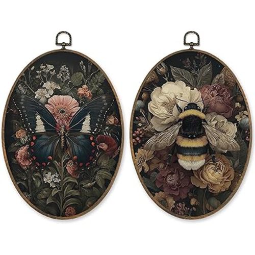 LKETW Vintage Floral Butterfly Bee Oval Wall Art Decor, Dark Cottagecore Oval Canvas Hanging Decor, Rustic Botanical Wildflower Wall Decorations for Home Living Room Bedroom, 8.6x11.4 Inch Set of 2