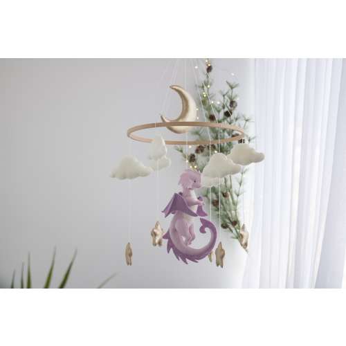 Dragon nursery baby mobile, Felt hanging toy, Fantasy baby nursery, Golden moon and stars, Baby shower gift